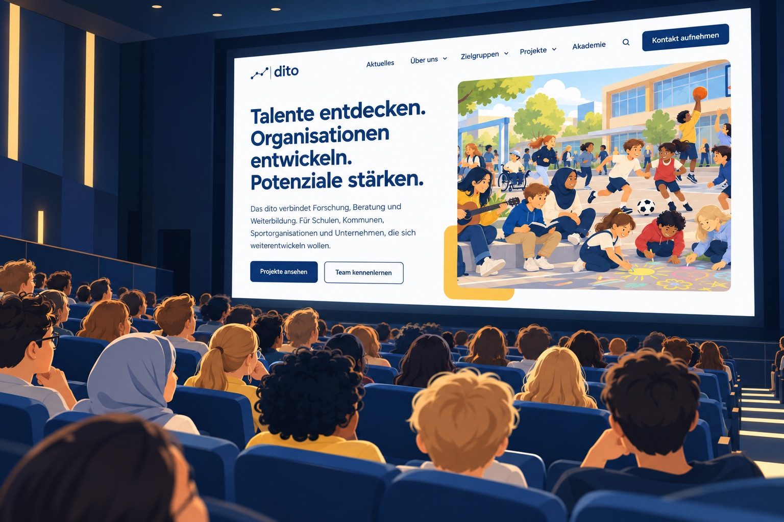 Menschen in einem Kinosaal sehen die dito Webseite auf der Leinwand