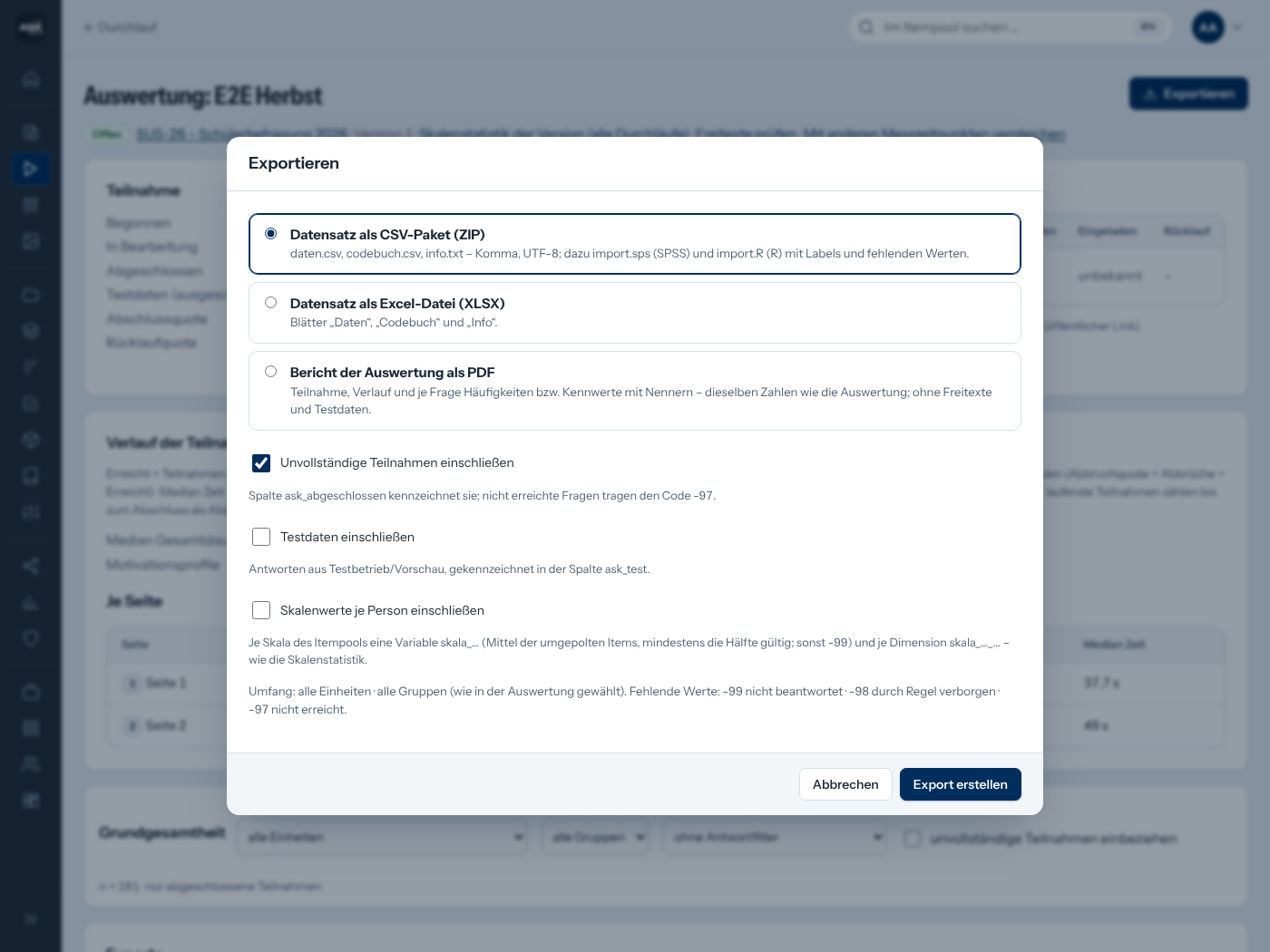 Exportdialog: Datensatz als CSV-Paket (Codebuch, SPSS-Syntax, R-Skript), als Excel-Datei oder Bericht als PDF, mit Optionen für unvollständige Teilnahmen, Textdaten und Skalenwerte