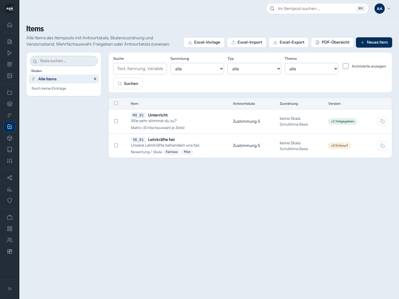 Itempool: Items mit Antwortskala, Zuordnung zu Skala und Dimension, Version und Freigabestatus, Excel-Import und -Export, PDF-Übersicht