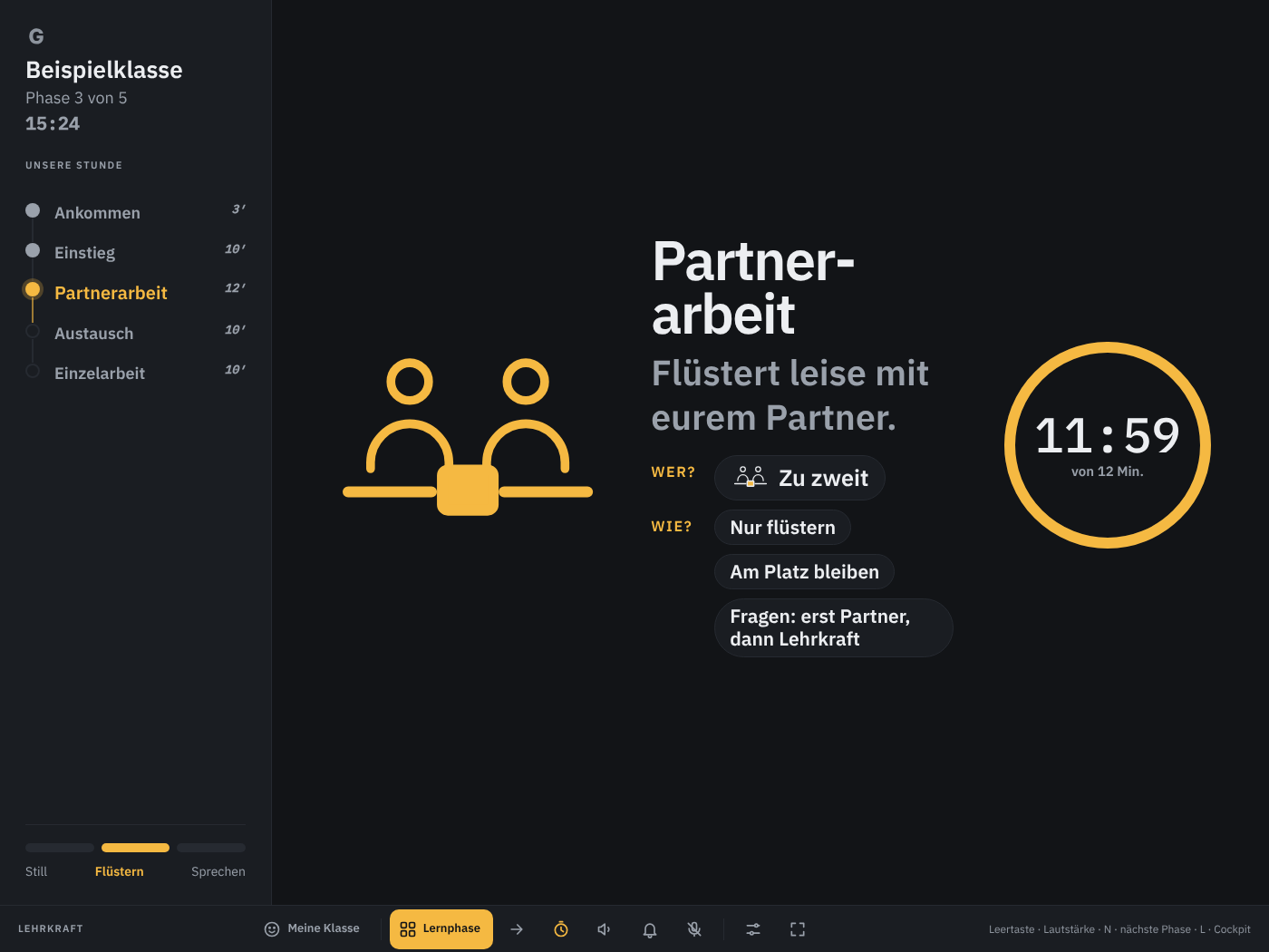 Lernphase „Partnerarbeit“ im Design Fokus: dunkler Hintergrund, Phasenleiste links, gelber Timer