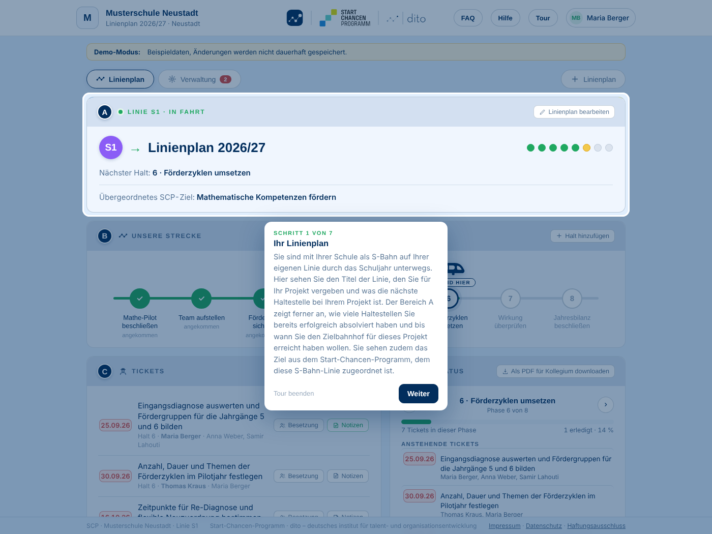 Geführte Tour in der App: Schritt 1 von 7 erklärt den Linienplan über dem Dashboard